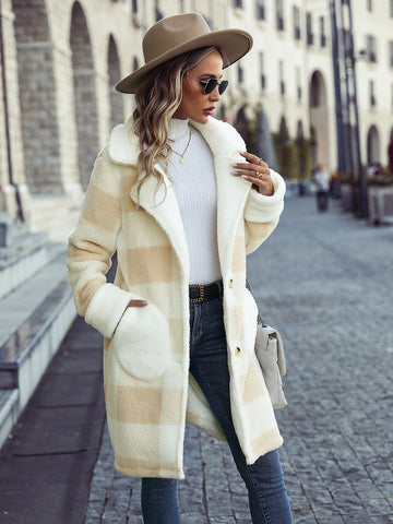 Woochic veste pour femmes en peluche col revers à carreaux simple boutonnage